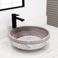 Round ceramic vessel sink above counter basin in ash gray and white satin finish, 16 inch