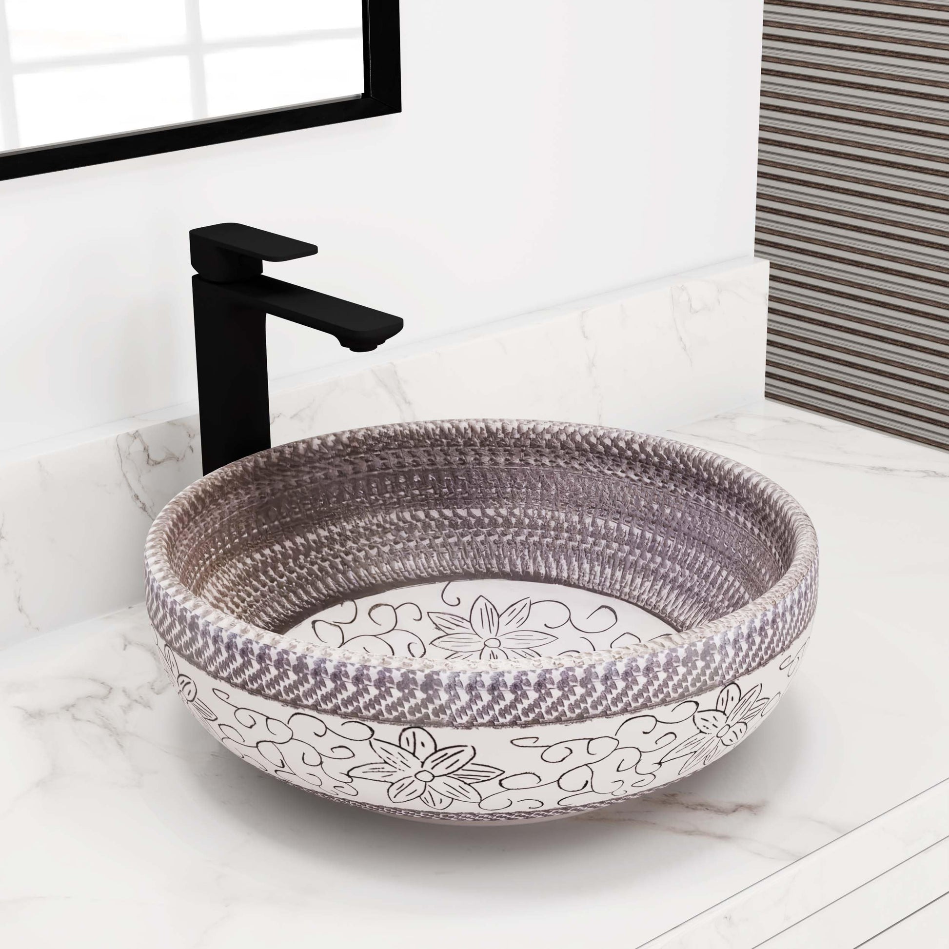 Round ceramic vessel sink above counter basin in ash gray and white satin finish, 16 inch