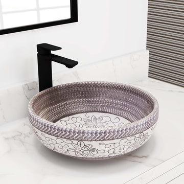 Round ceramic vessel sink above counter basin in ash gray and white satin finish, 16 inch