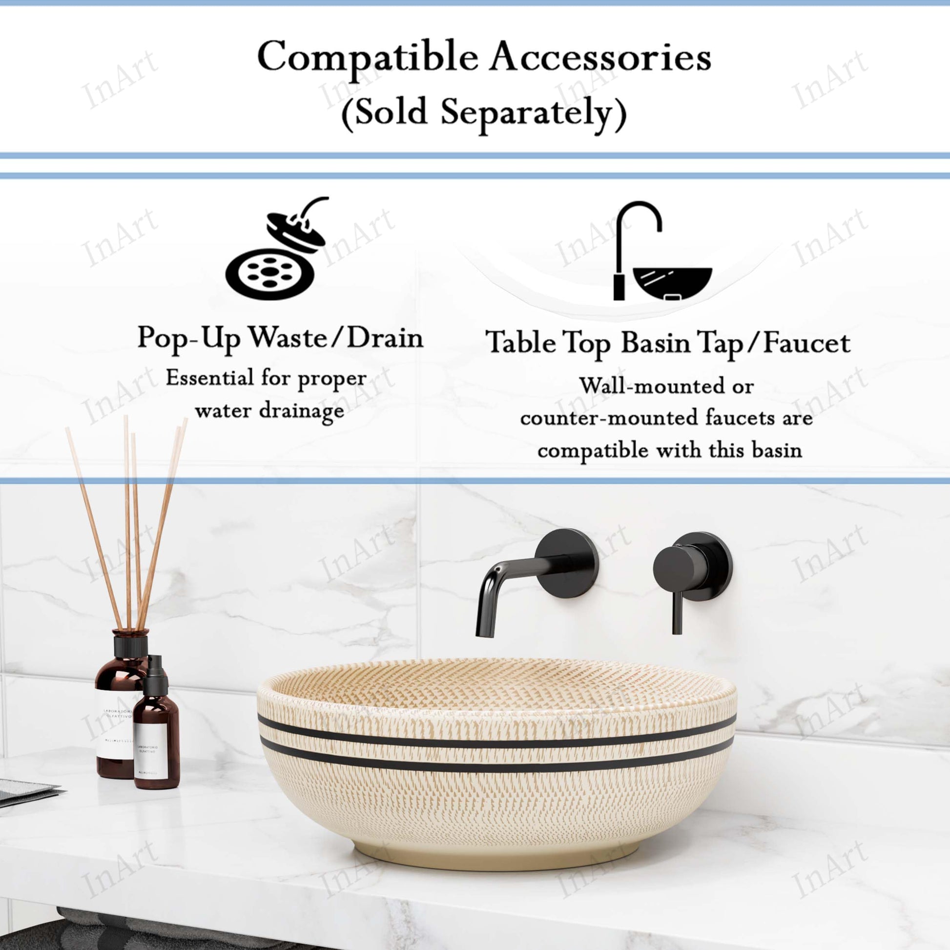 Decorative round vessel sink bowl in ceramic, 15.75 in diameter, non-overflow above-counter installation