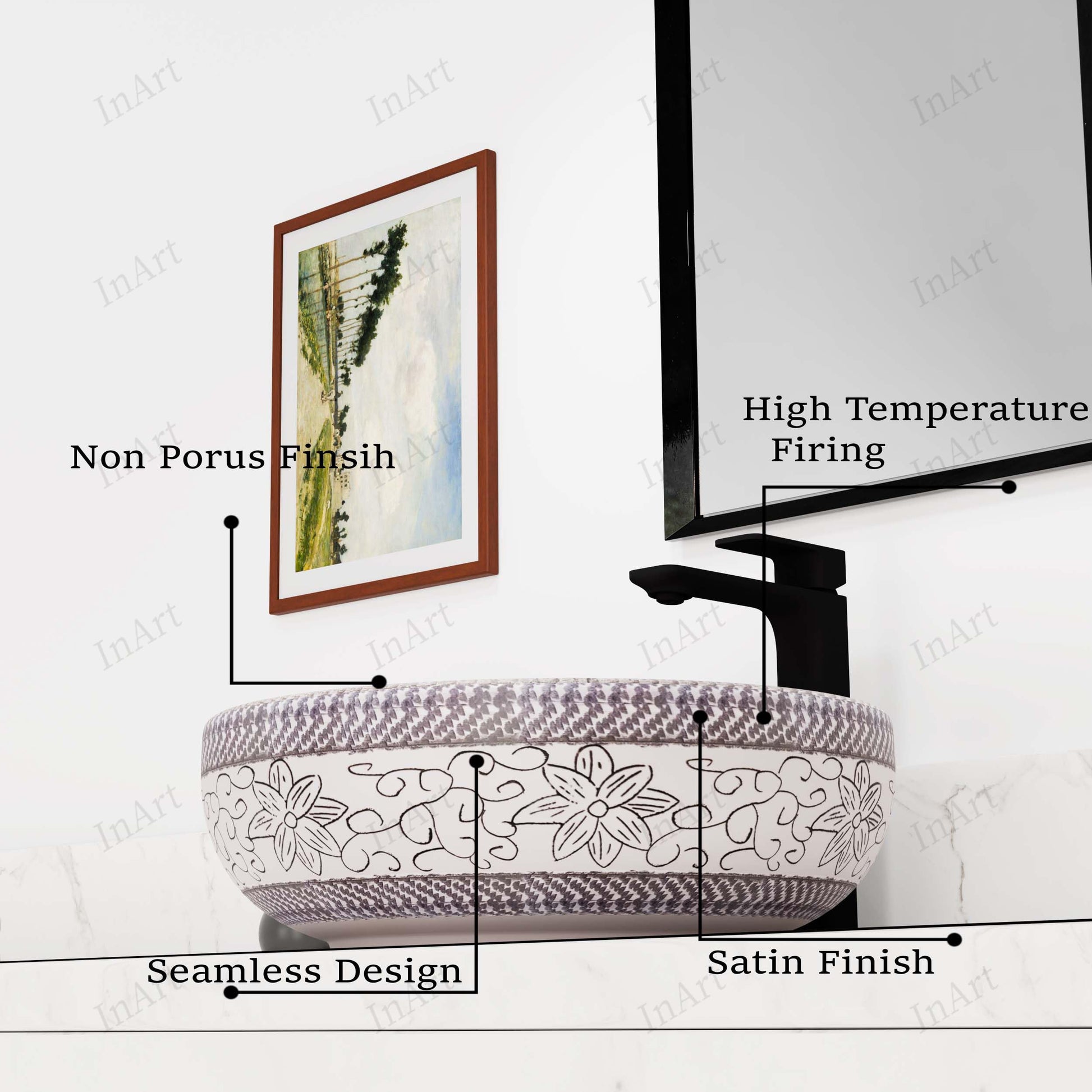 Top view of round ceramic vessel sink bowl with smooth glazed interior, above-counter installation