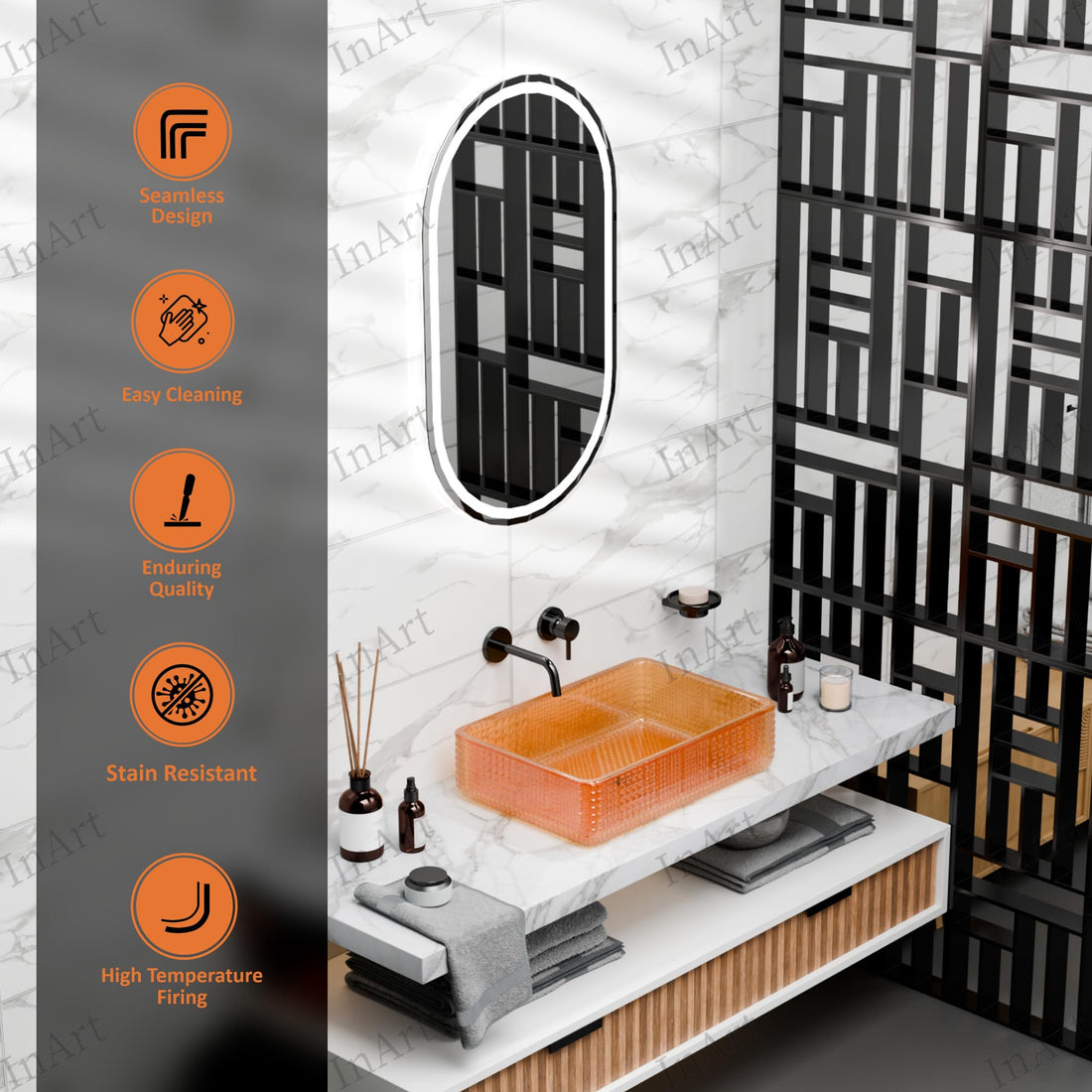 Rectangular tempered glass vessel sink in amber/orange with textured geometric pattern, above-counter bathroom basin