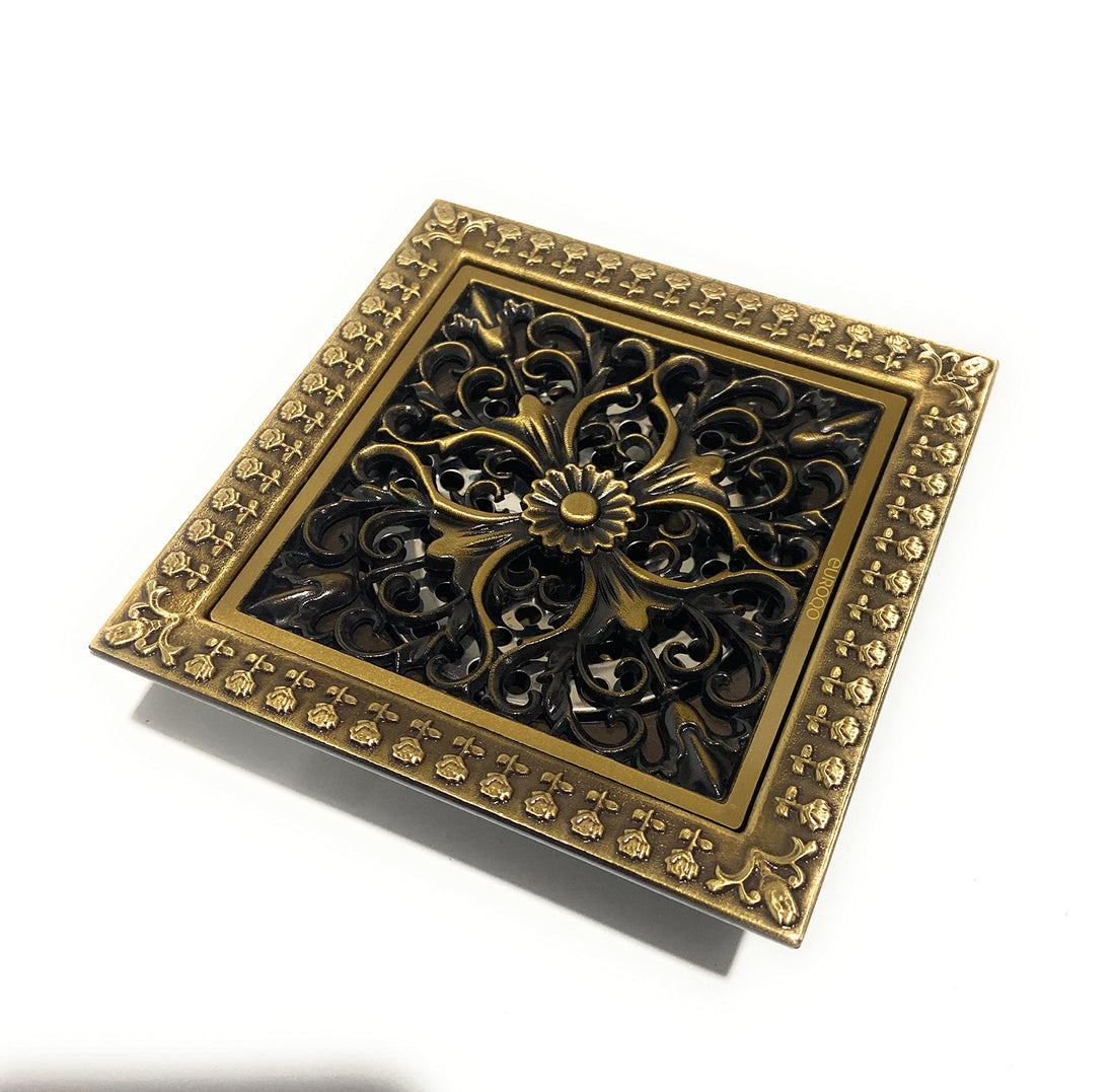 Square shower drain cover in brass with antique bronze finish, 4 inch outlet floor drain grate