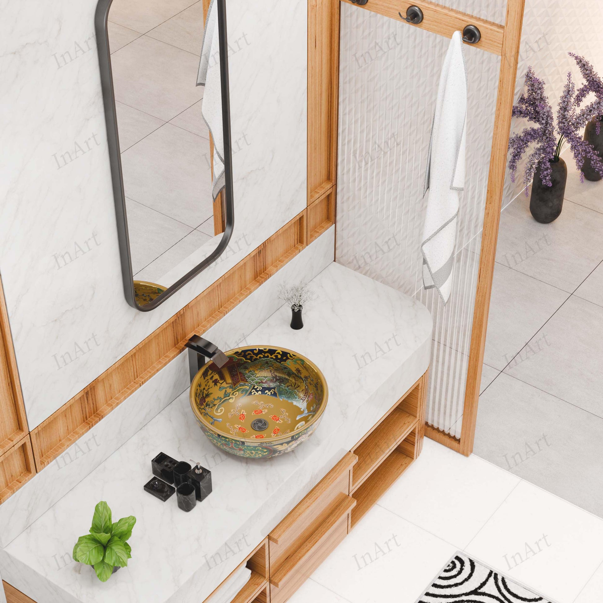 Angled view of decorative Moroccan-pattern ceramic round vessel sink for bathroom vanity, high-gloss finish
