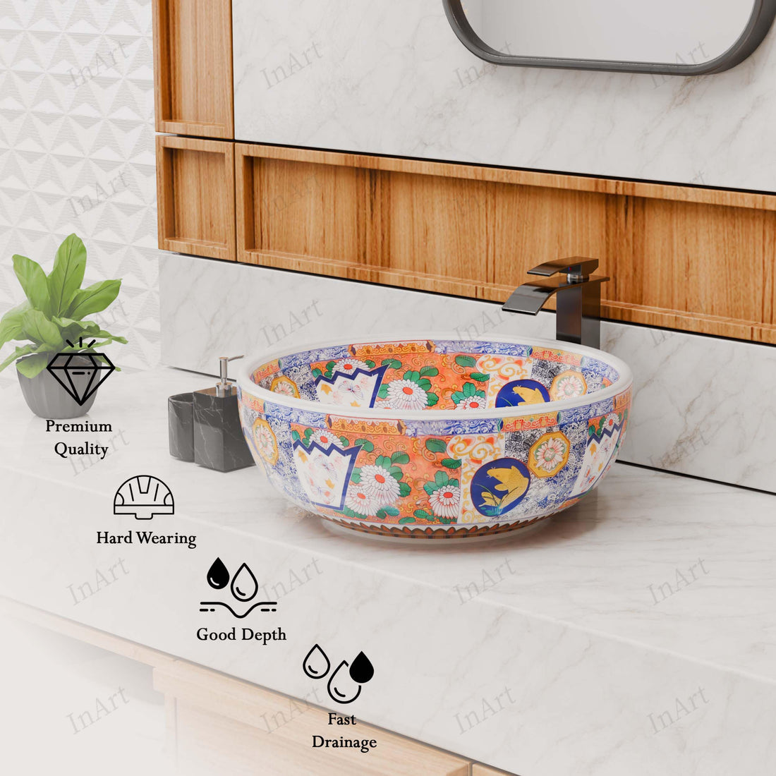Round ceramic vessel sink with glossy white base and multicolor Mexican/Moroccan pattern, above-counter bathroom bowl