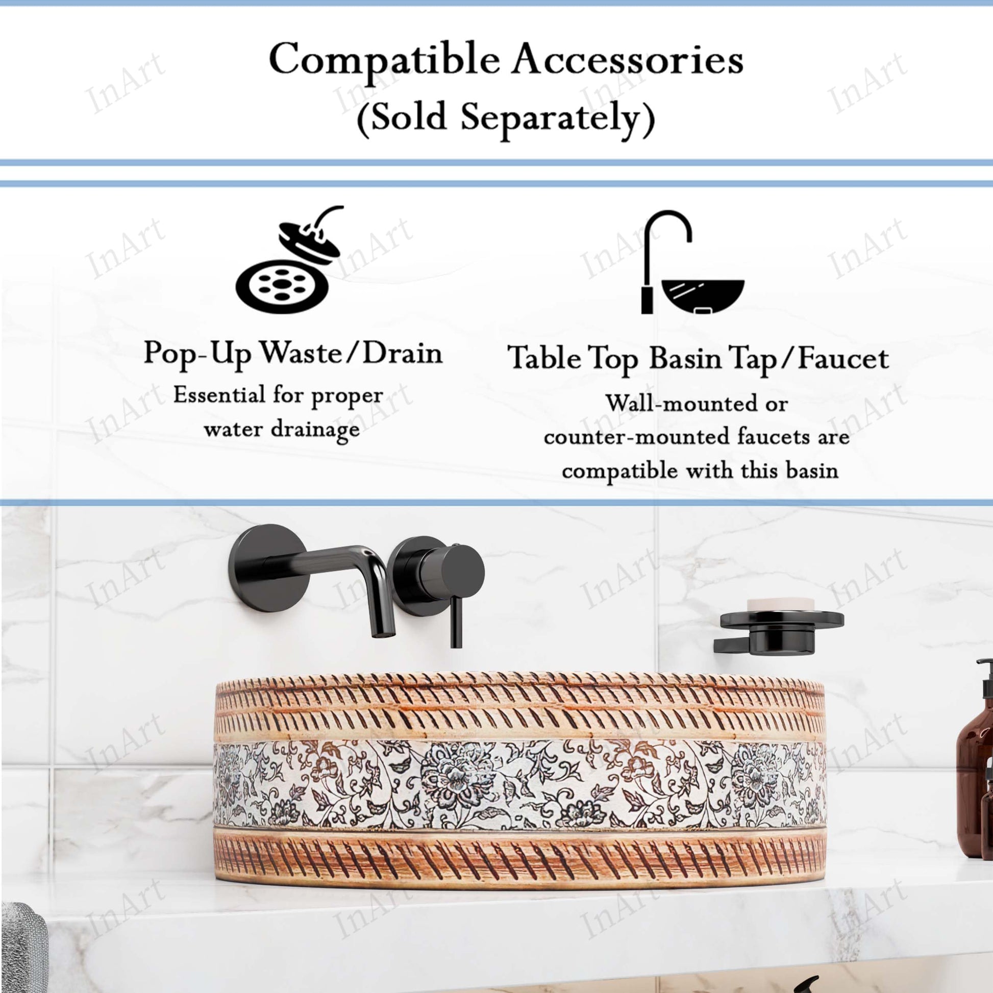 Angled view of multicolor Moroccan-style ceramic round vessel sink, above-counter installation