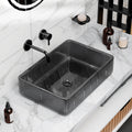 Rectangular tempered glass vessel sink in smoked black with textured pattern, above-counter bathroom basin
