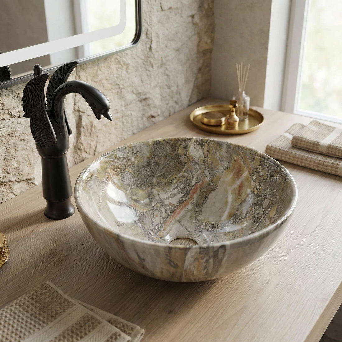 Vessel sinks for bathroom - InArt green marble glossy round ceramic vessel sink 13x13 above counter basin