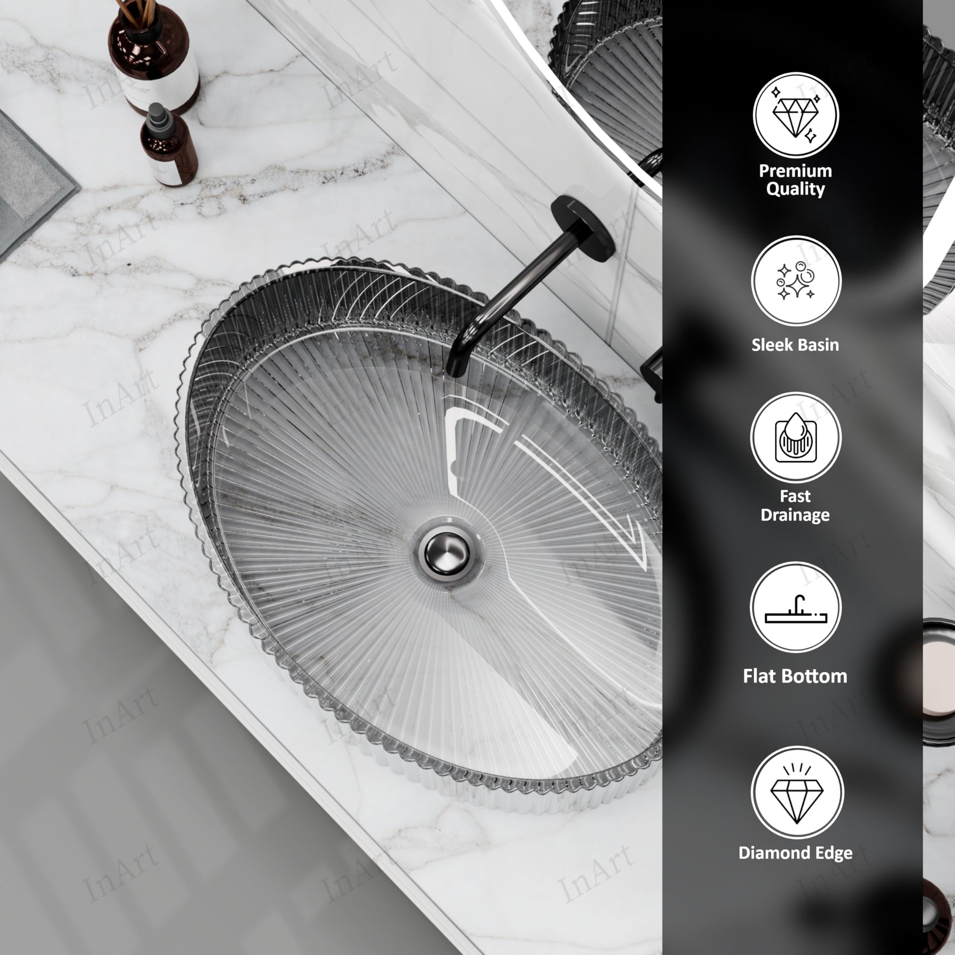 Top view of oval smoked tempered glass vessel sink with scalloped rim detail and no faucet holes, modern bathroom sink