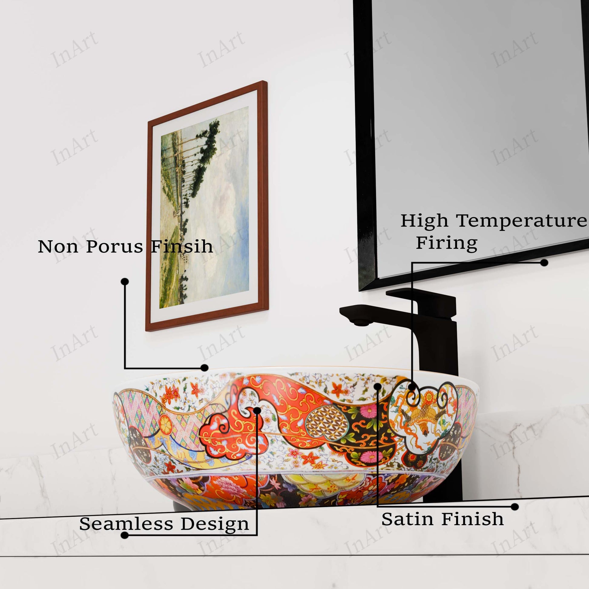 Close-up of glossy glazed ceramic vessel sink finish with Moroccan multicolor pattern