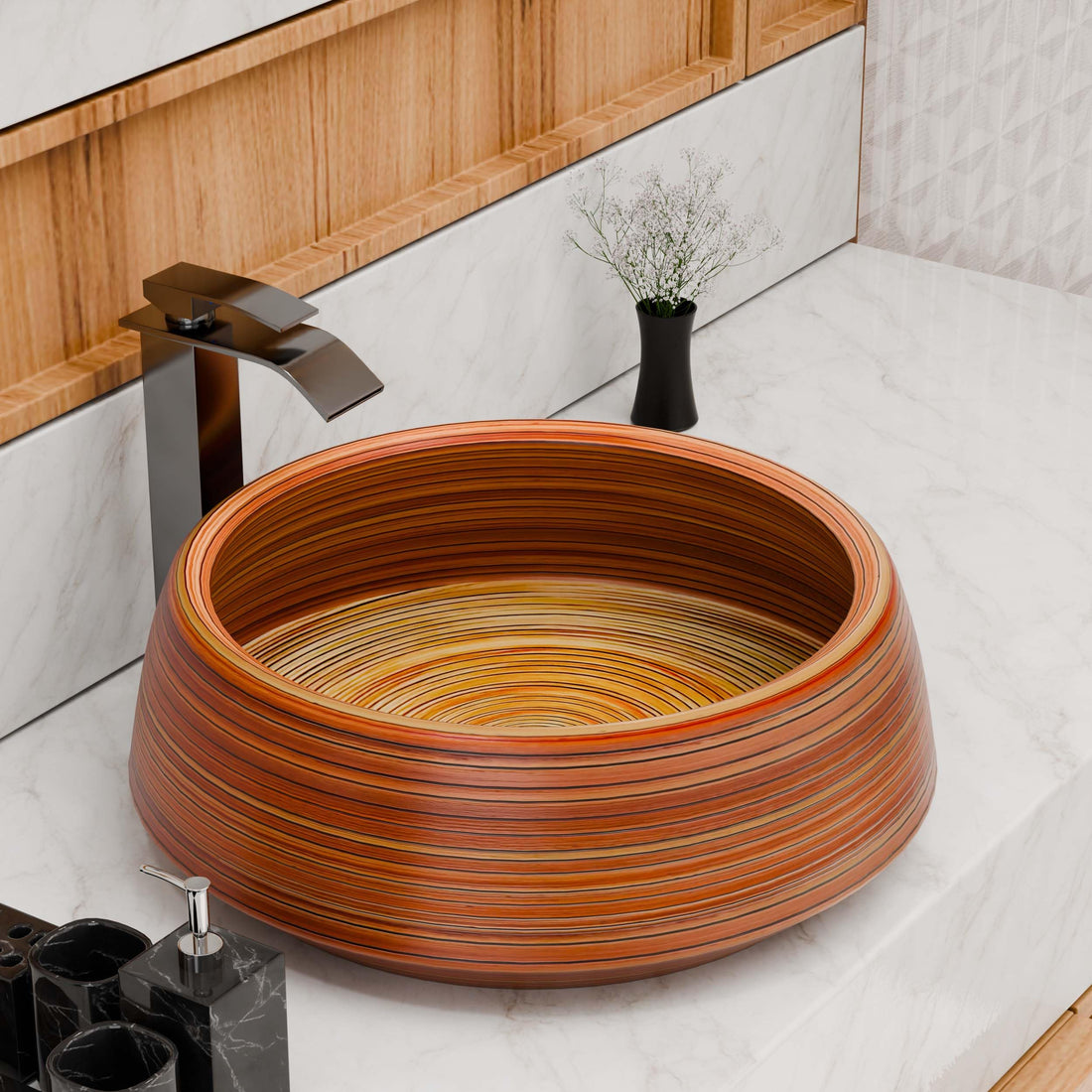 Above-counter ceramic round vessel sink with glossy wood-grain finish, 16.5-inch bathroom basin