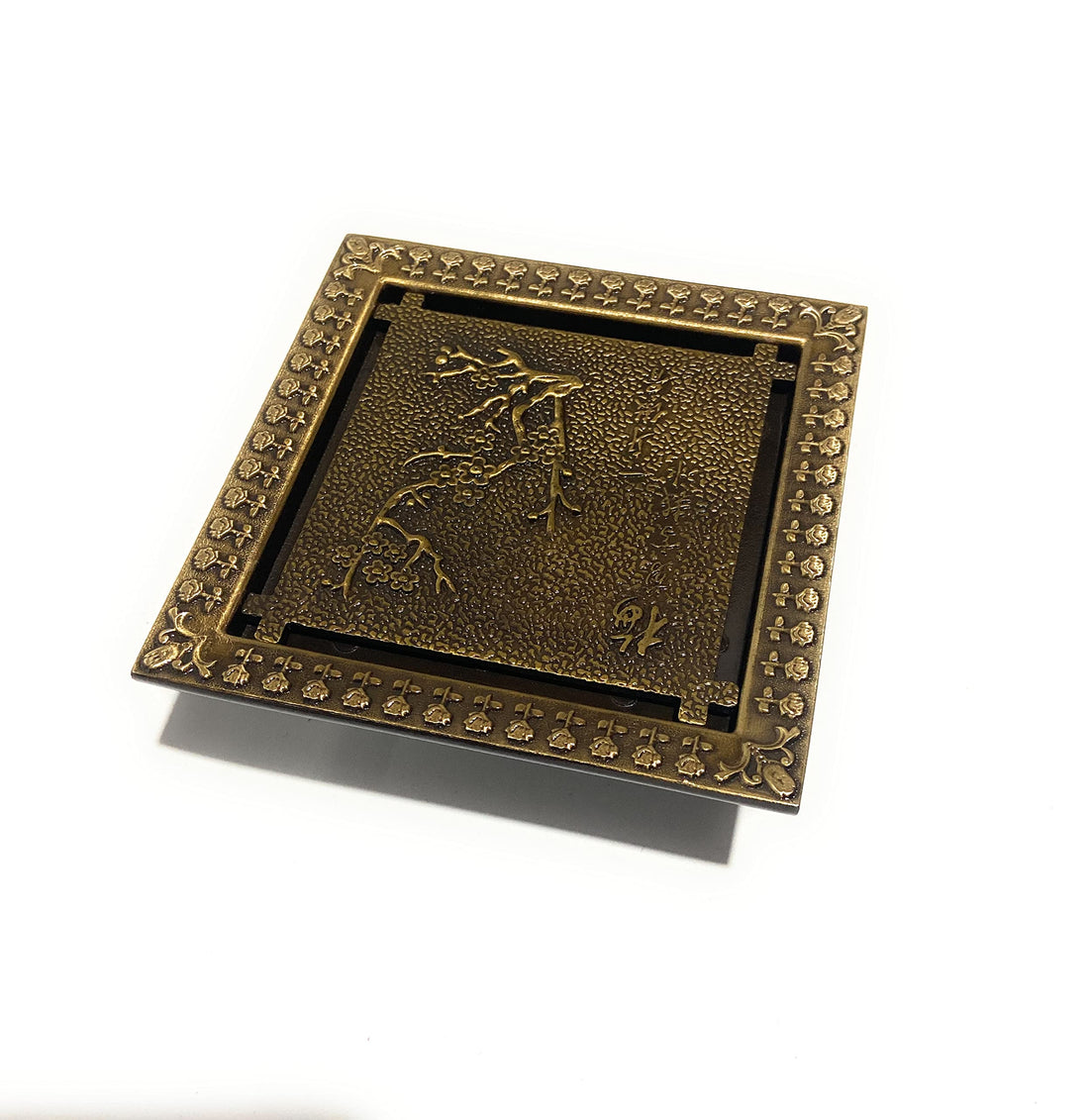 Square brass floor drain with antique brass decorative grate, 4 inch outlet