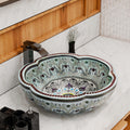 Bathroom vessel sink bowl, glazed ceramic round scalloped rim, glossy aqua patterned finish