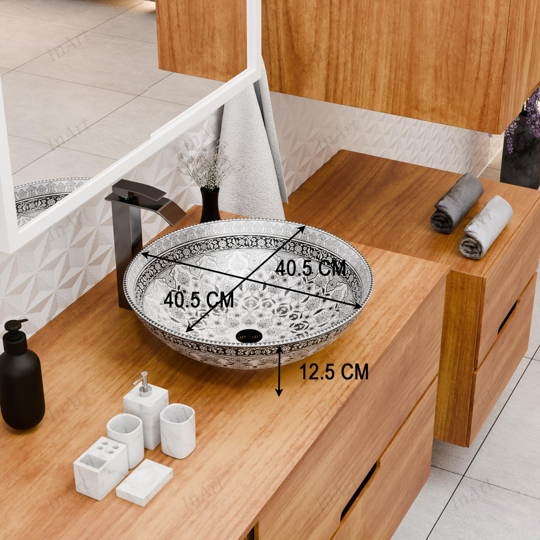 InArt table top vessel sink, glossy white square ceramic wash basin 16x16 modern Mexican design