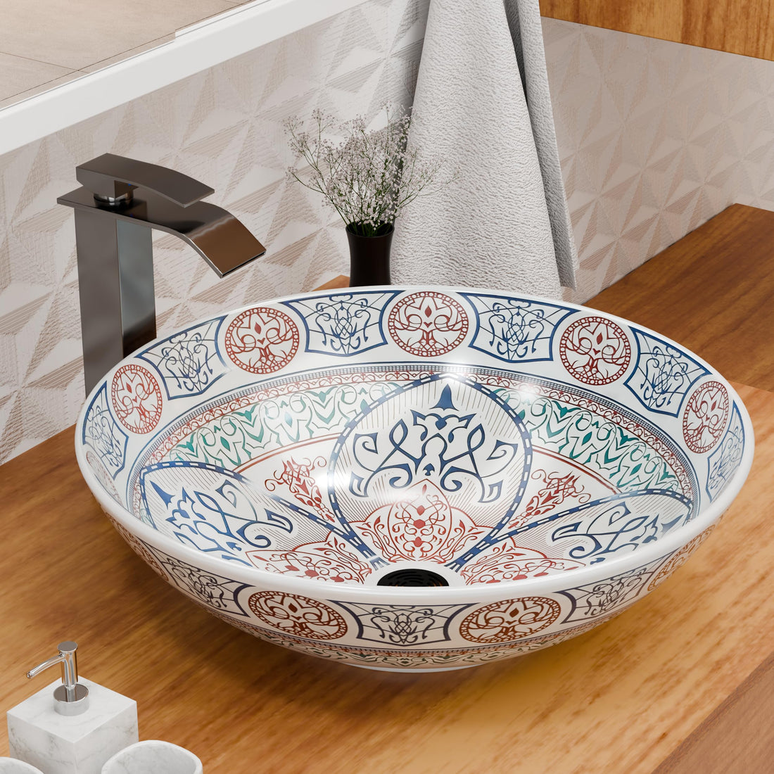 Vessel bowl vanity InArt blue Mexican design square ceramic tabletop wash basin 40.5 x 40.5 cm