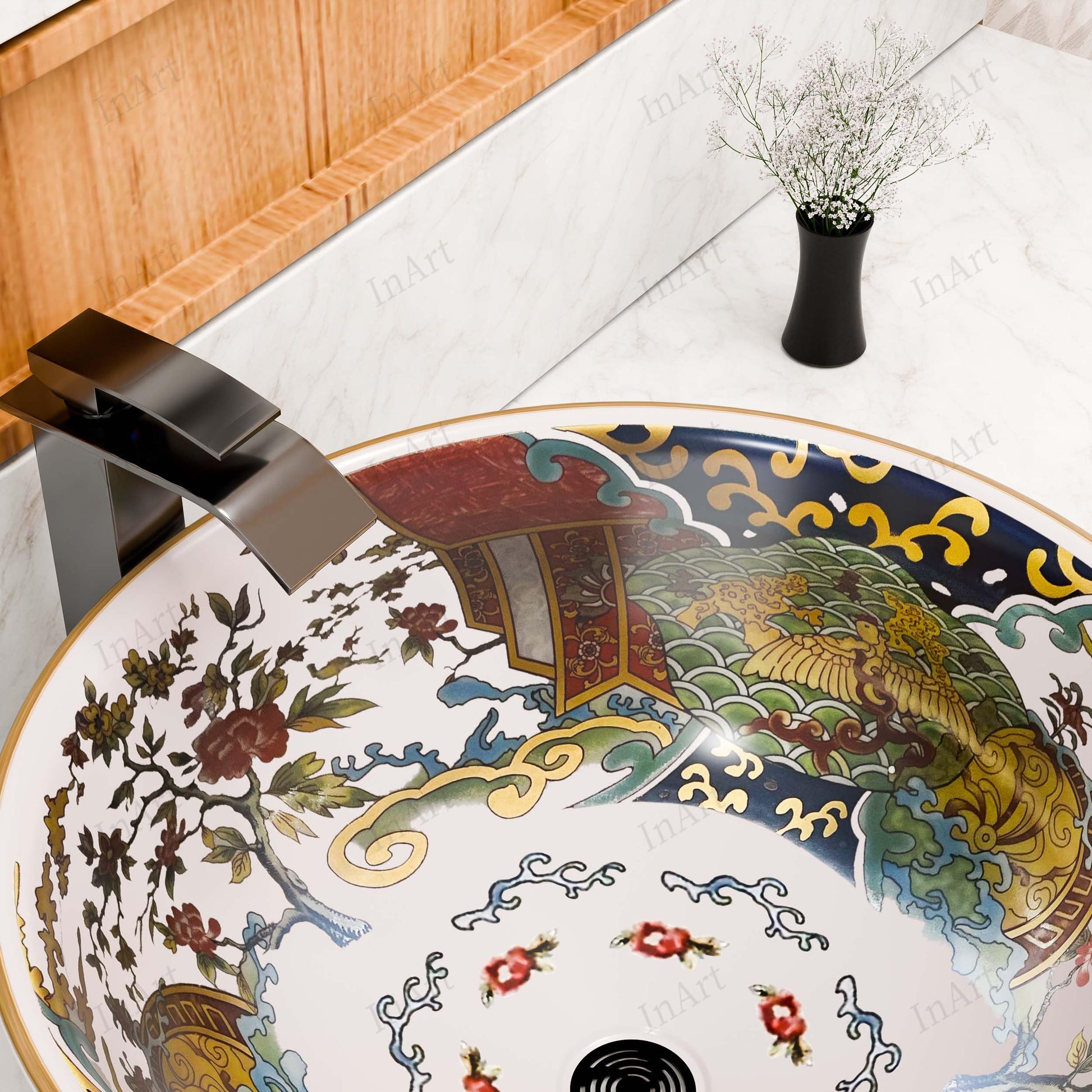 Side profile of round above-counter ceramic vessel sink showing 5.5-inch bowl depth and glossy finish