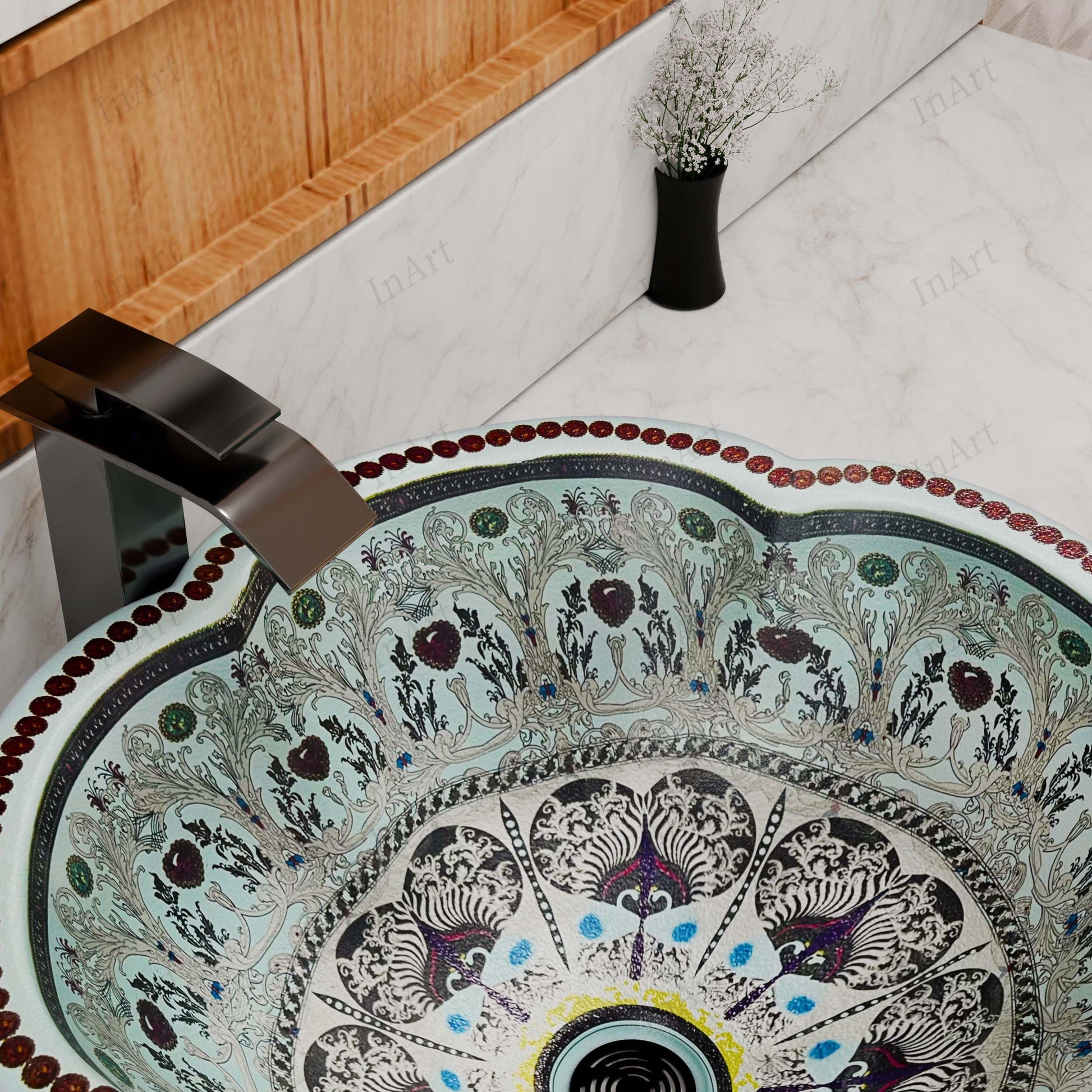 Vessel sink on vanity style, glazed ceramic round bowl with wavy rim and center drain opening