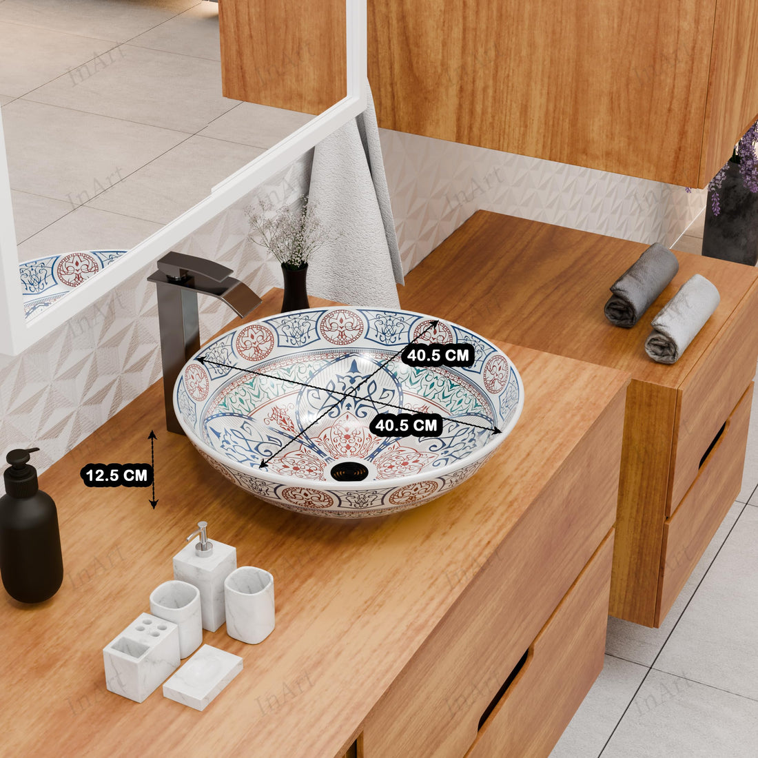 Vessel bowl vanity InArt blue Mexican design square ceramic tabletop wash basin 40.5 x 40.5 cm