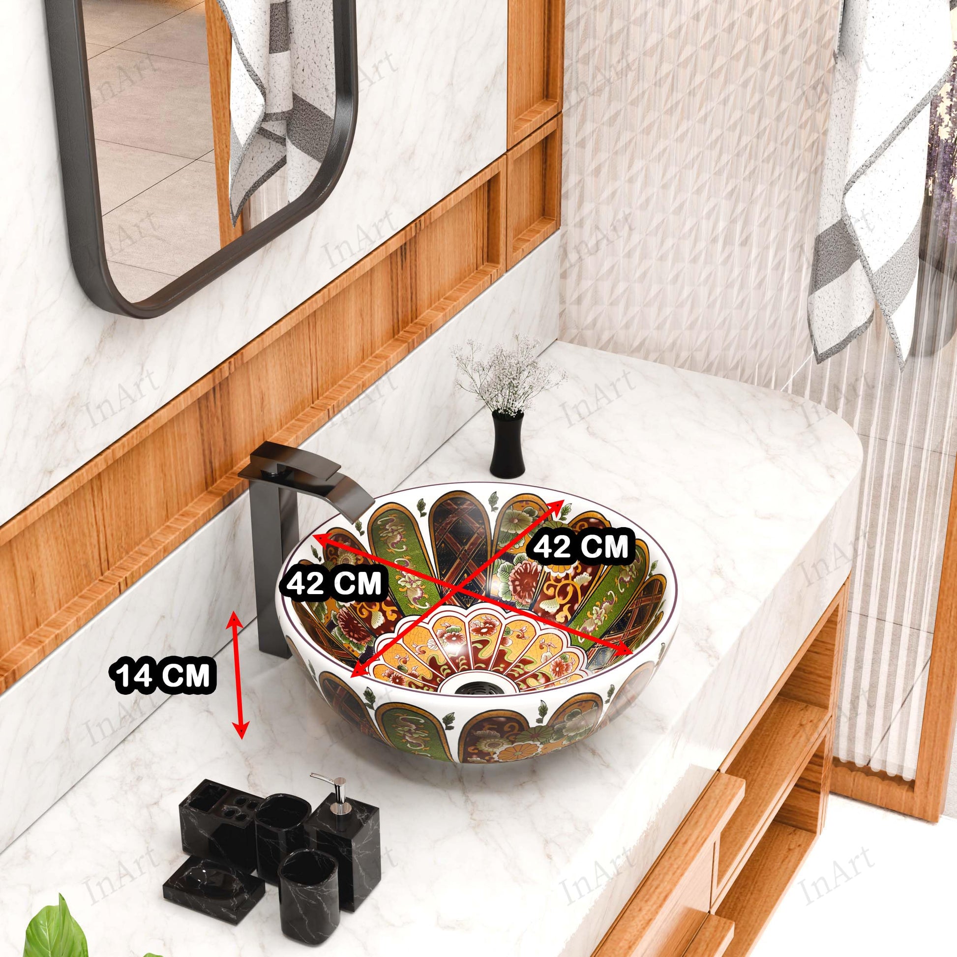 Bathroom vessel sink, glazed ceramic round above-counter basin, glossy white with multicolor floral design, angled view