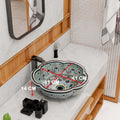 Above counter bathroom sink, ceramic round vessel basin with Talavera-inspired multicolor pattern