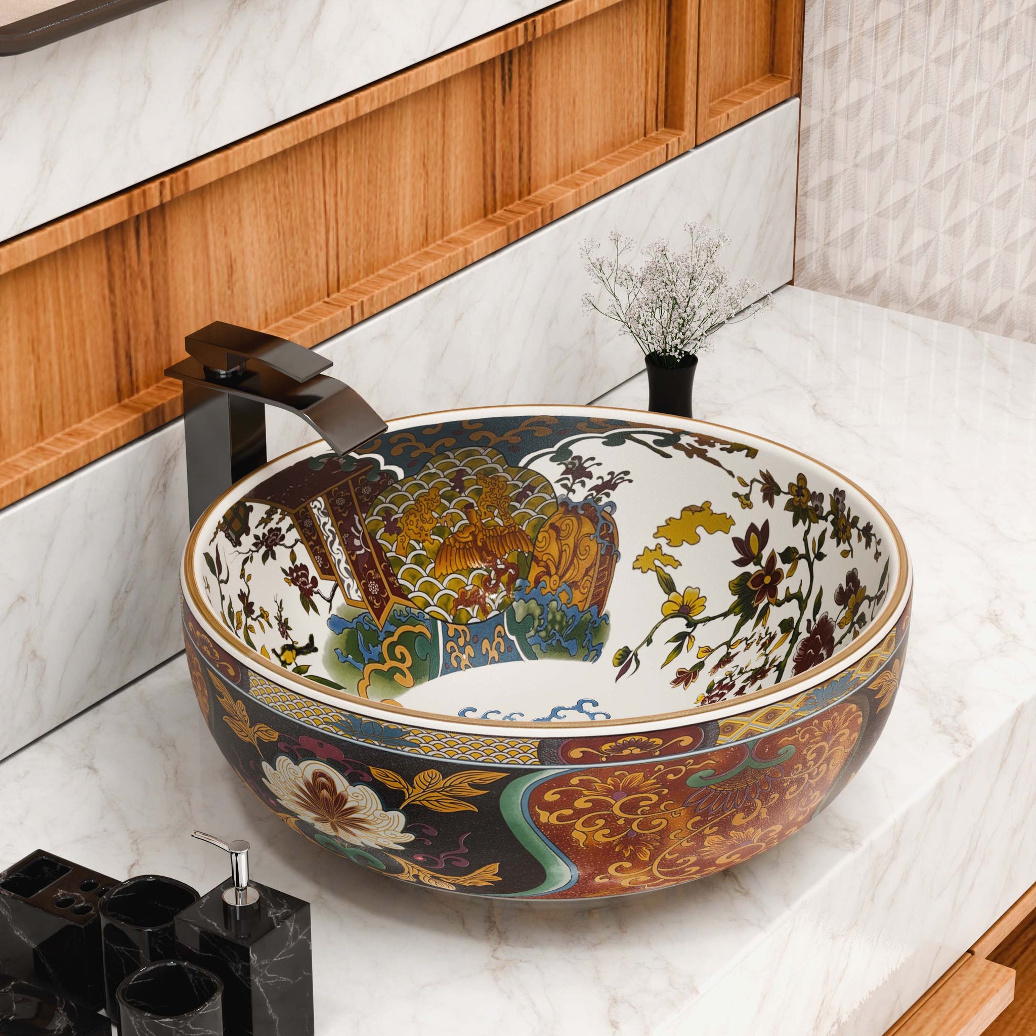 InArt Moroccan Multi-Color Floral Ceramic Vessel Sink – 16.5" Round Countertop Bathroom Basin DW341