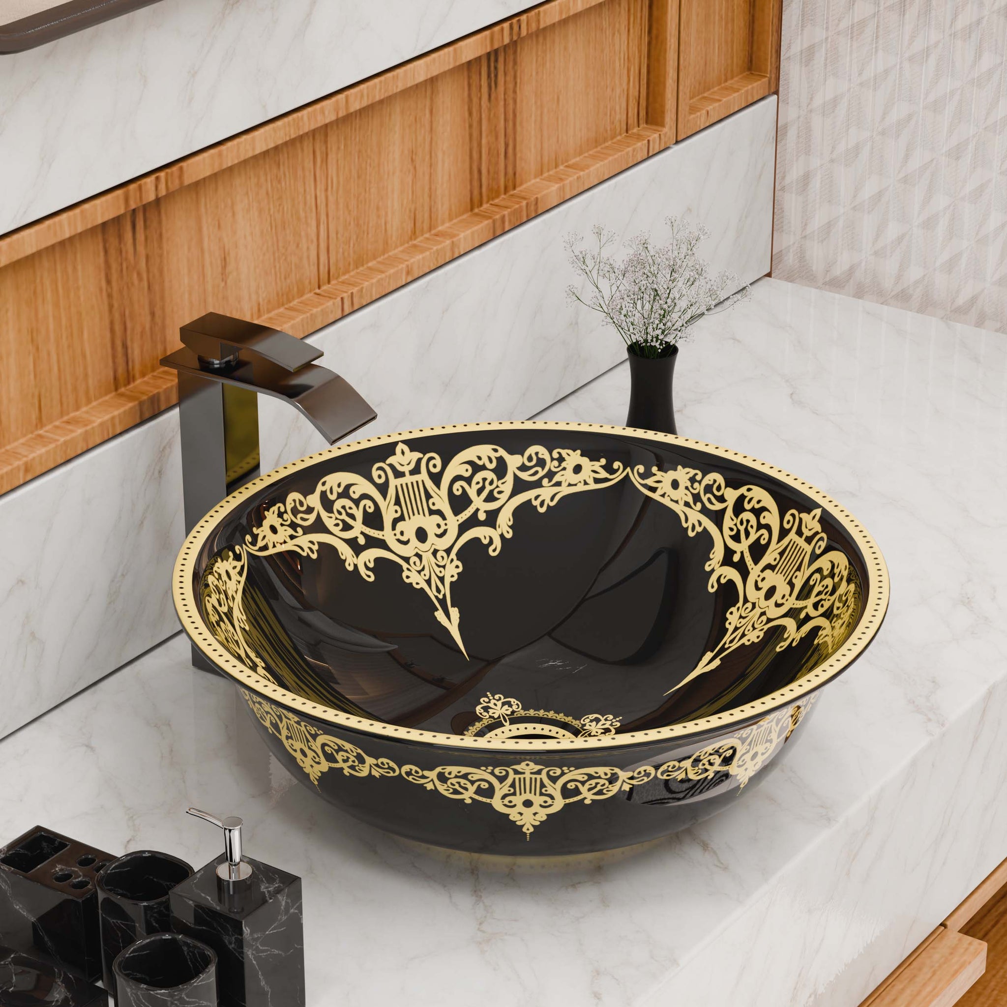 InArt Moroccan Black Gold Ceramic Vessel Sink – 16.5" Round Countertop Bathroom Basin DW342
