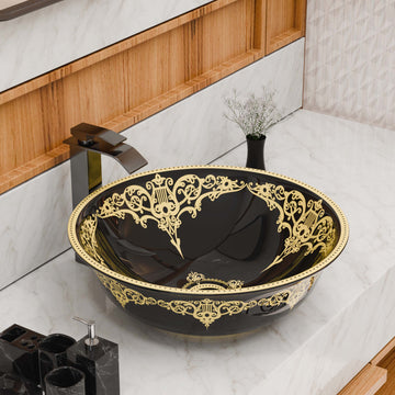 InArt Moroccan Black Gold Ceramic Vessel Sink – 16.5" Round Countertop Bathroom Basin DW342