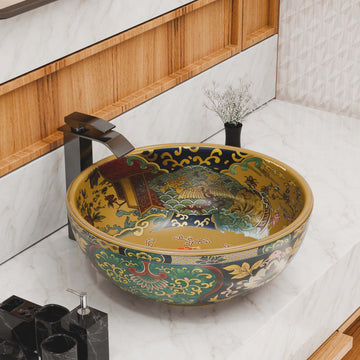 InArt Moroccan Multi-Color Ceramic Vessel Sink – 16.5" Round Countertop Bathroom Basin DW344