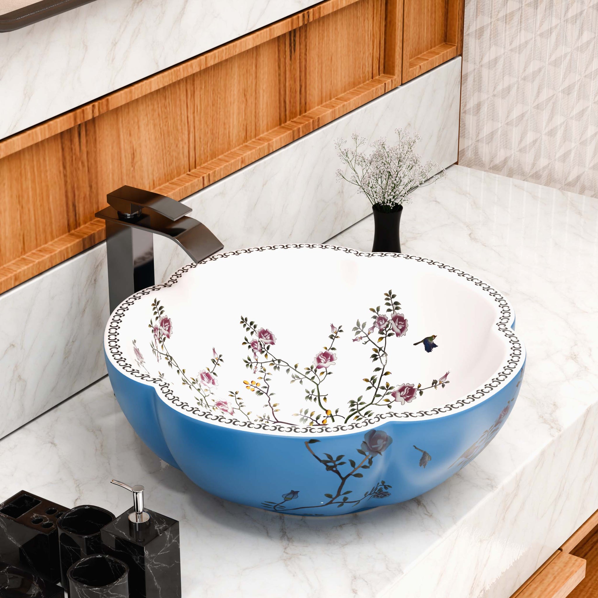 InArt Elegant Blue Ceramic Vessel Sink – 16" Round Countertop Bathroom Basin, European Style DW292