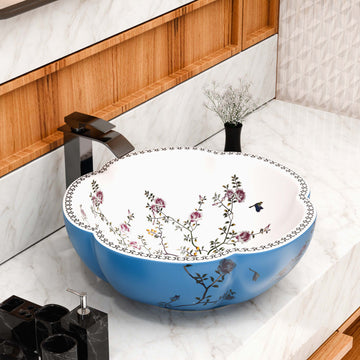 InArt Elegant Blue Ceramic Vessel Sink – 16" Round Countertop Bathroom Basin, European Style DW292