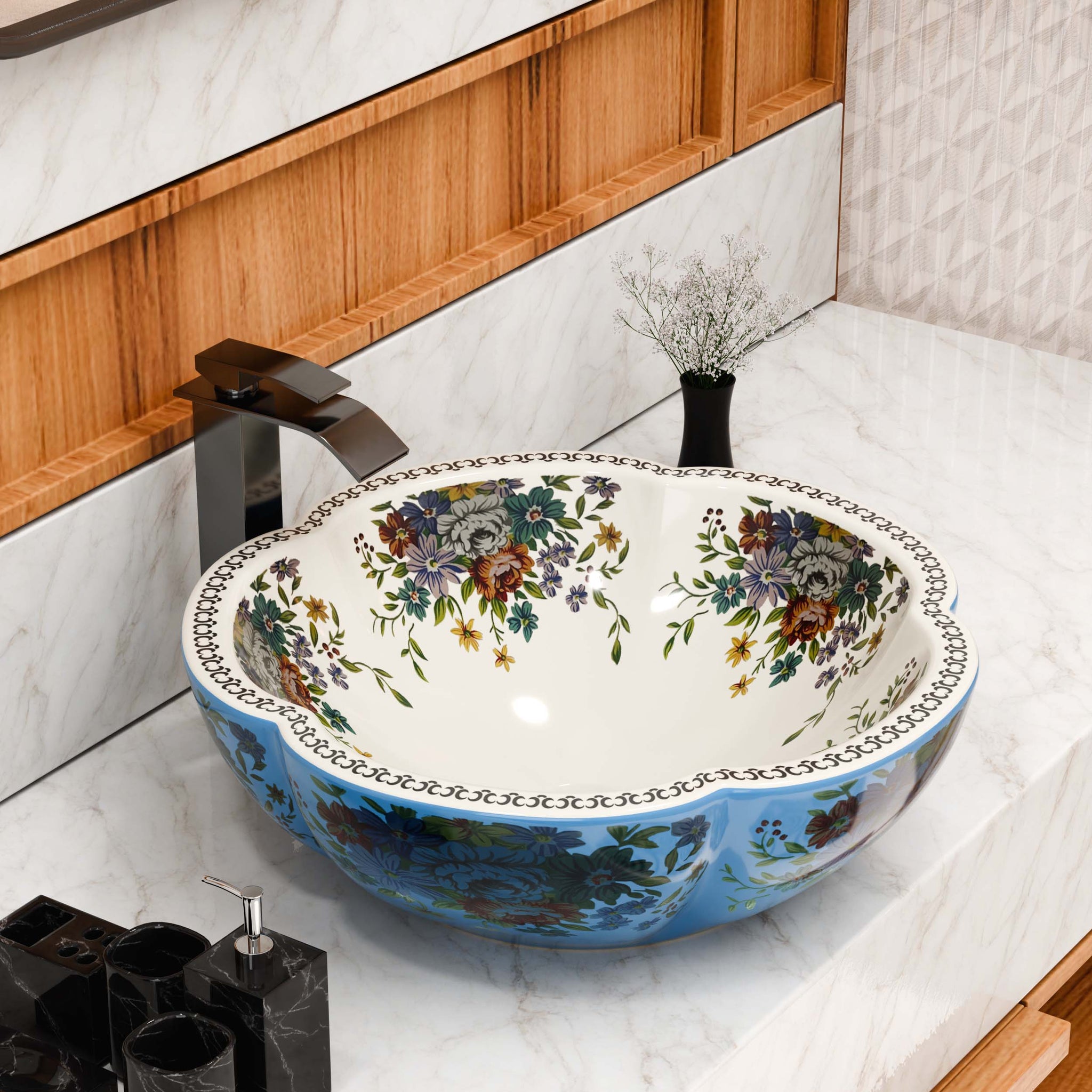 InArt Moroccan Blue Floral Ceramic Vessel Sink – 17" Round Countertop Bathroom Basin DW340