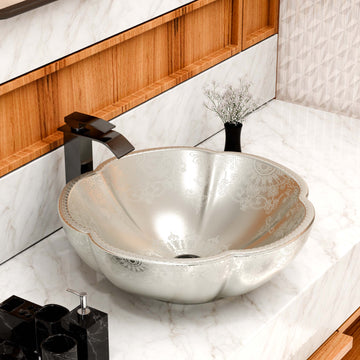 InArt Moroccan Silver Ceramic Vessel Sink – 16.5" Round Countertop Bathroom Basin DW345