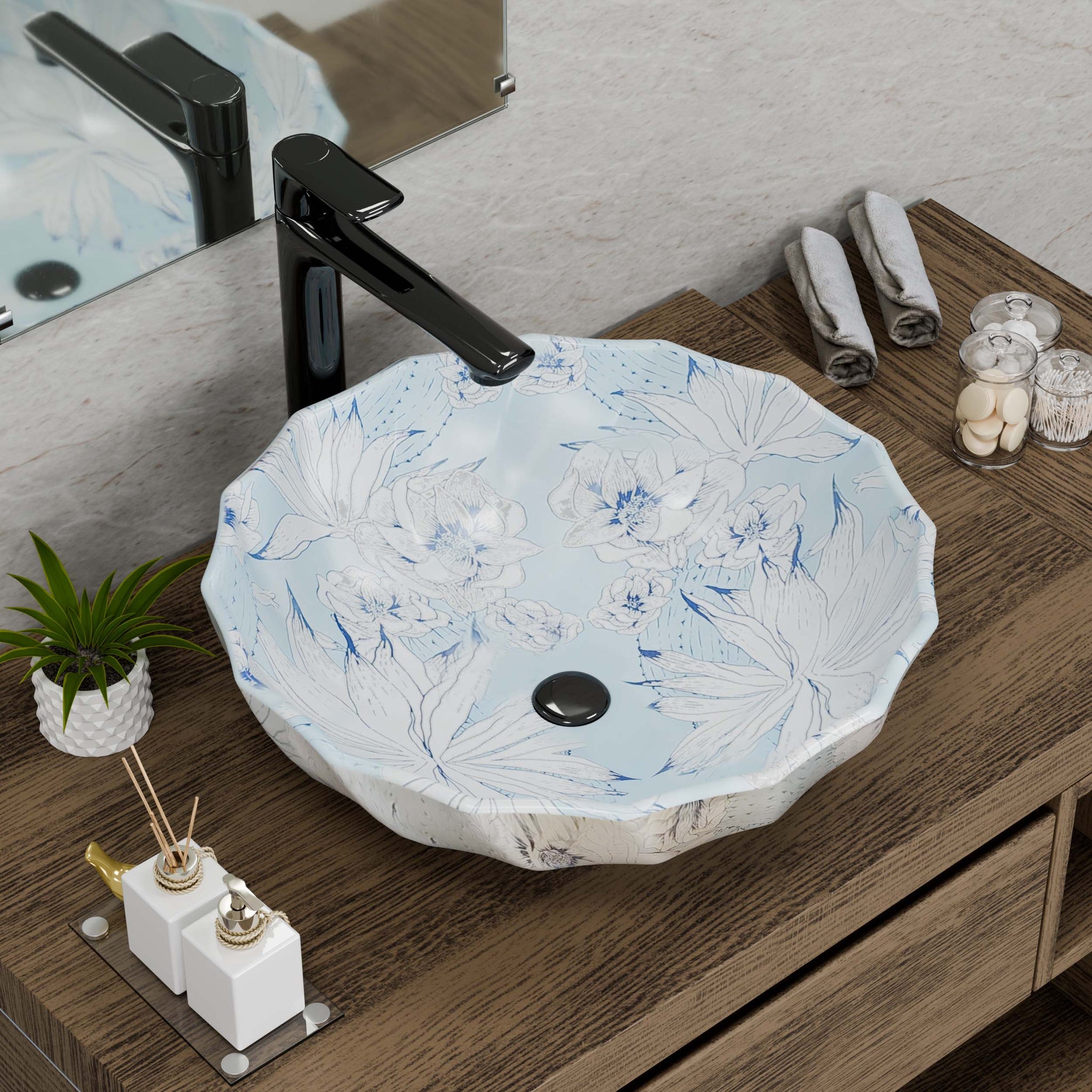 InArt Light Blue Round Ceramic Vessel Sink – 18" Designer Countertop Bathroom Basin, Modern Wash Bowl for Vanity, Home & Hotel DW339