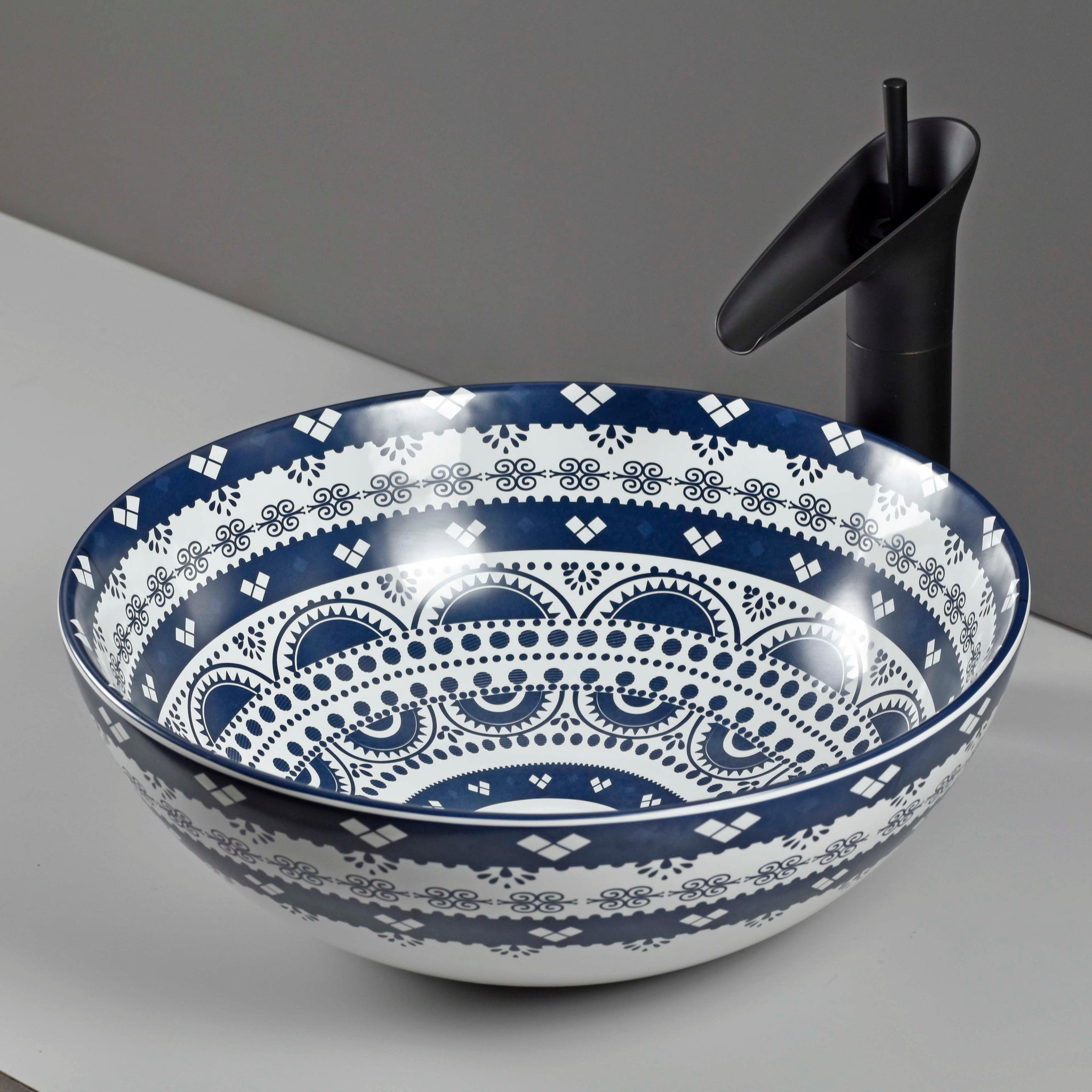 InArt Mexican Blue Ceramic Vessel Sink – 15.4" Round Countertop Bathroom Basin DW336