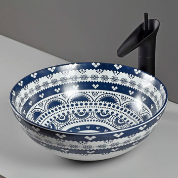 InArt Mexican Blue Ceramic Vessel Sink – 15.4" Round Countertop Bathroom Basin DW336