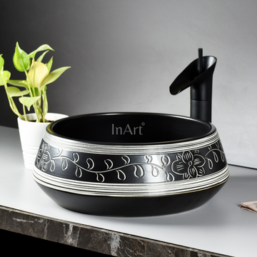 InArt Black Matte Floral Ceramic Vessel Sink – 16.5" Round Countertop Bathroom Vanity Basin DW267