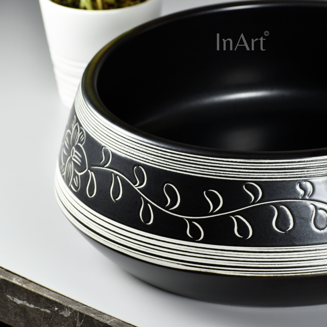 InArt Black Matte Floral Ceramic Vessel Sink – 16.5" Round Countertop Bathroom Vanity Basin DW267