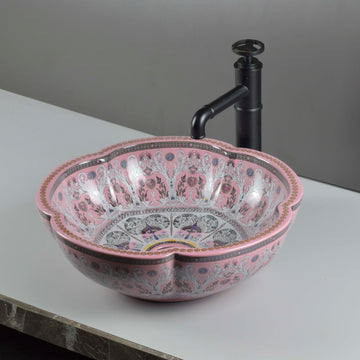 InArt Pink Ceramic Vessel Sink – 16" Round Countertop Bathroom Basin, European Luxury DW288
