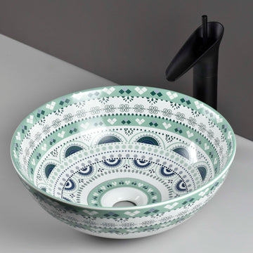 InArt Light Blue Round Ceramic Vessel Sink – 15.4" Countertop Bathroom Basin, Modern Vanity Bowl DW337