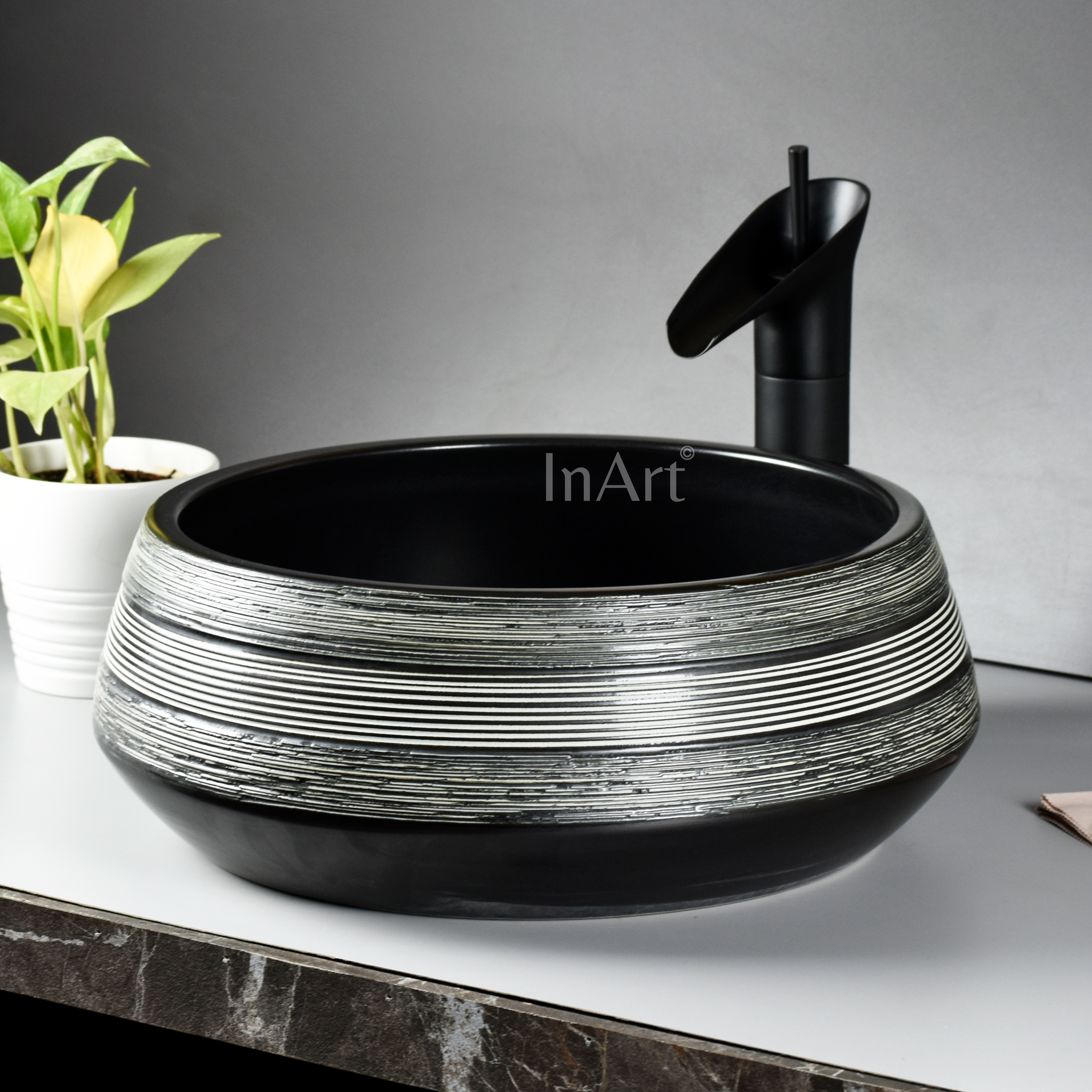 InArt Black Matte Ceramic Vessel Sink – 16.5" Round Countertop Bathroom Vanity Basin DW268