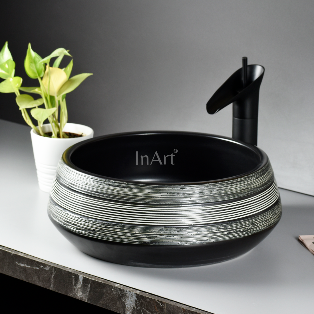 InArt Black Matte Ceramic Vessel Sink – 16.5" Round Countertop Bathroom Vanity Basin DW268