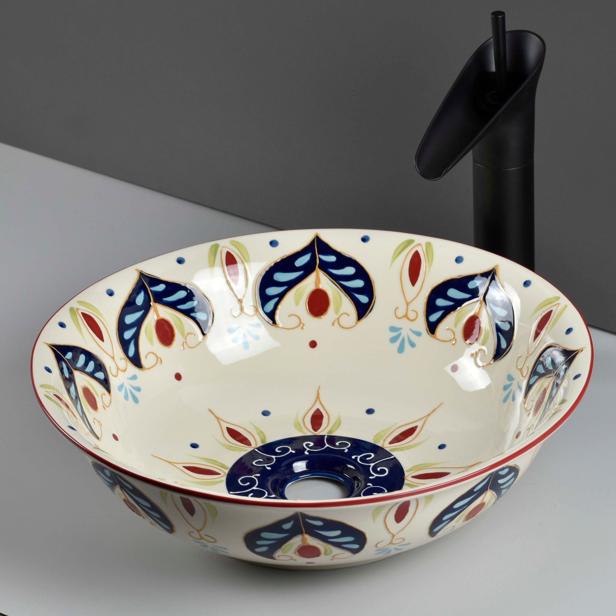 InArt Artistic Beige Blue Ceramic Vessel Sink – 16.5" Round Countertop Bathroom Basin DW335