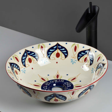 InArt Artistic Beige Blue Ceramic Vessel Sink – 16.5" Round Countertop Bathroom Basin DW335