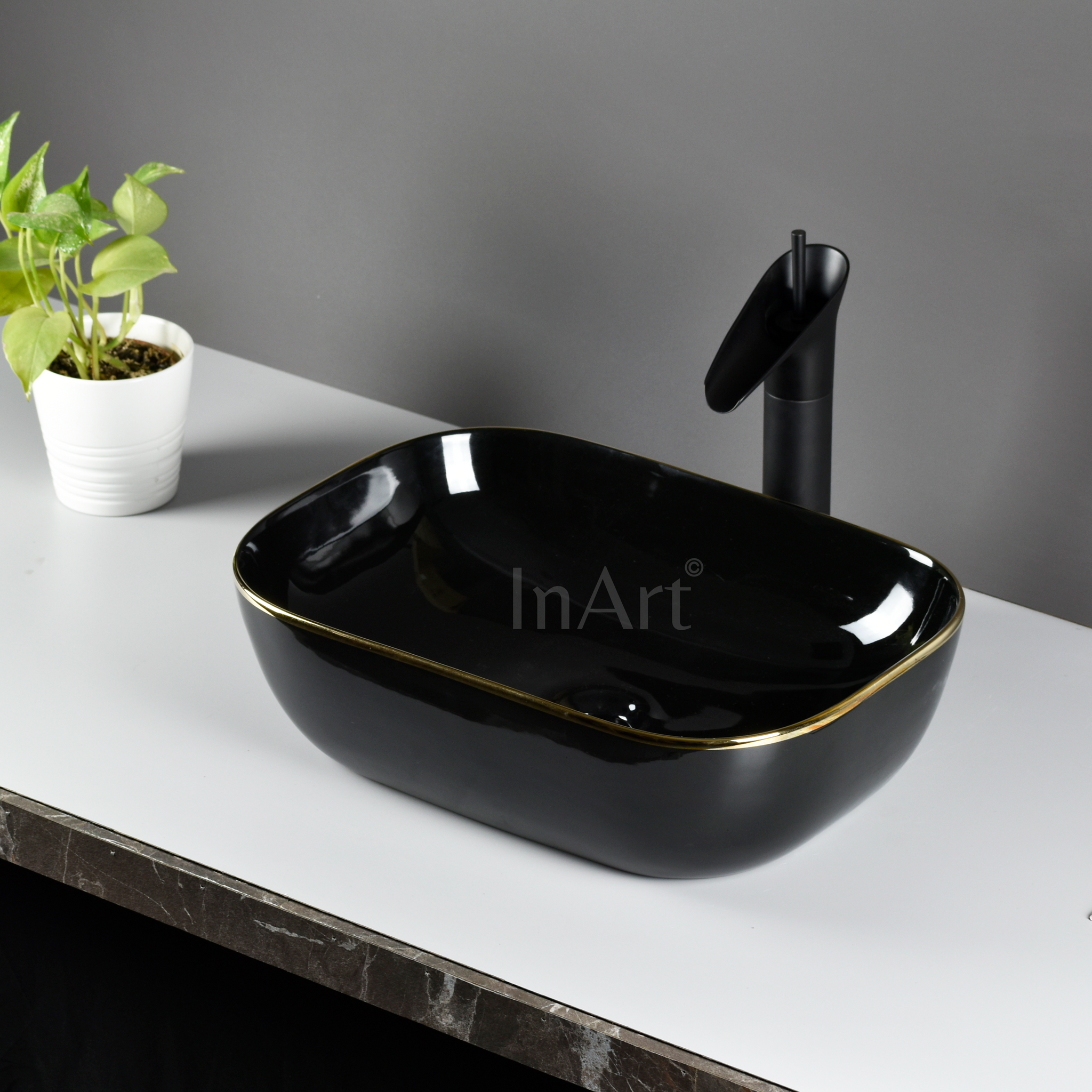 InArt Black Gold Ceramic Vessel Sink – 18" x 13" Countertop Bathroom Basin with Glossy Finish DW283