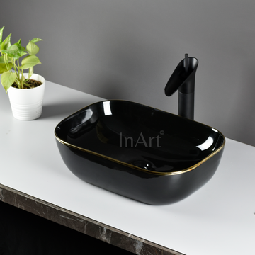 InArt Black Gold Ceramic Vessel Sink – 18" x 13" Countertop Bathroom Basin with Glossy Finish DW283