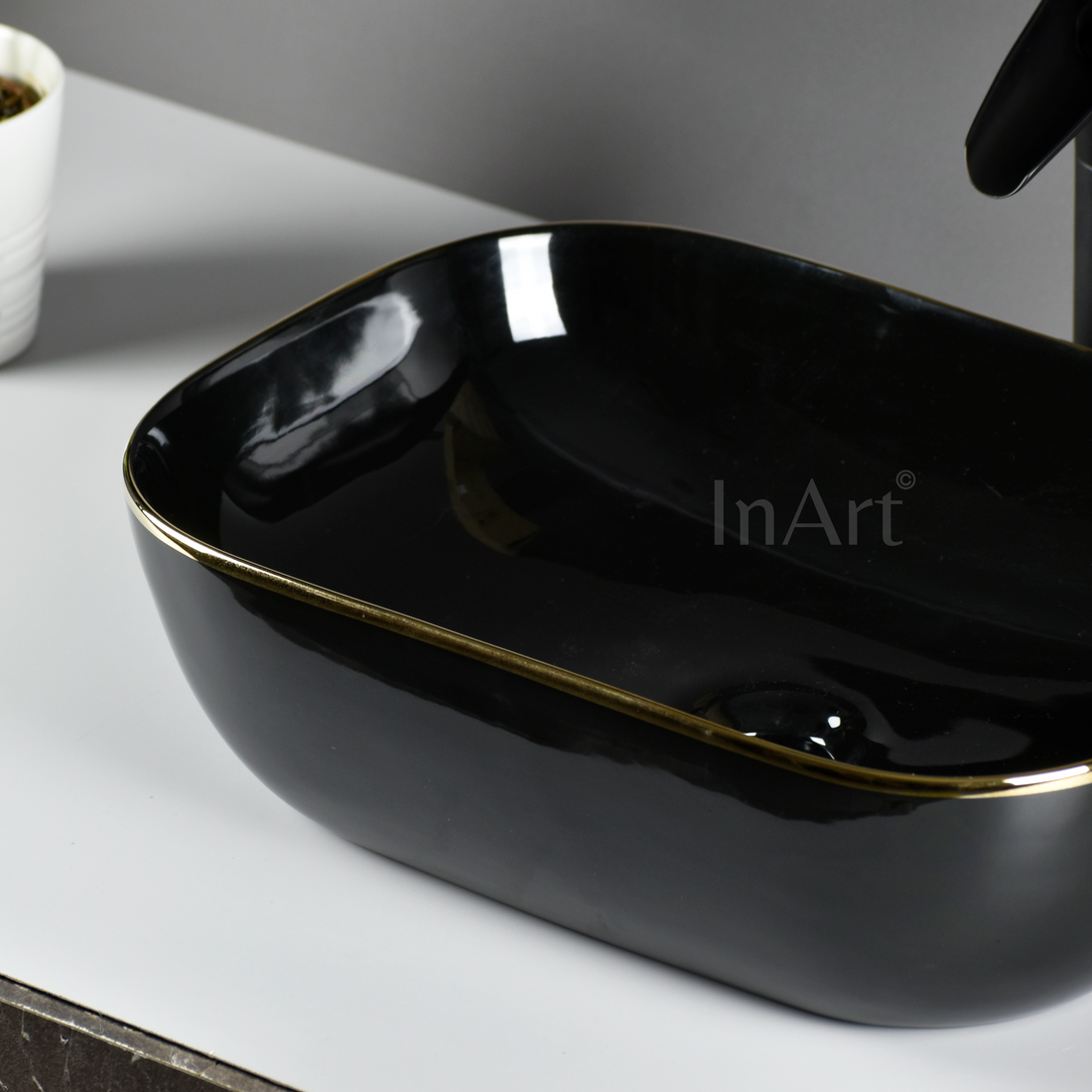 InArt Black Gold Ceramic Vessel Sink – 18" x 13" Countertop Bathroom Basin with Glossy Finish DW283
