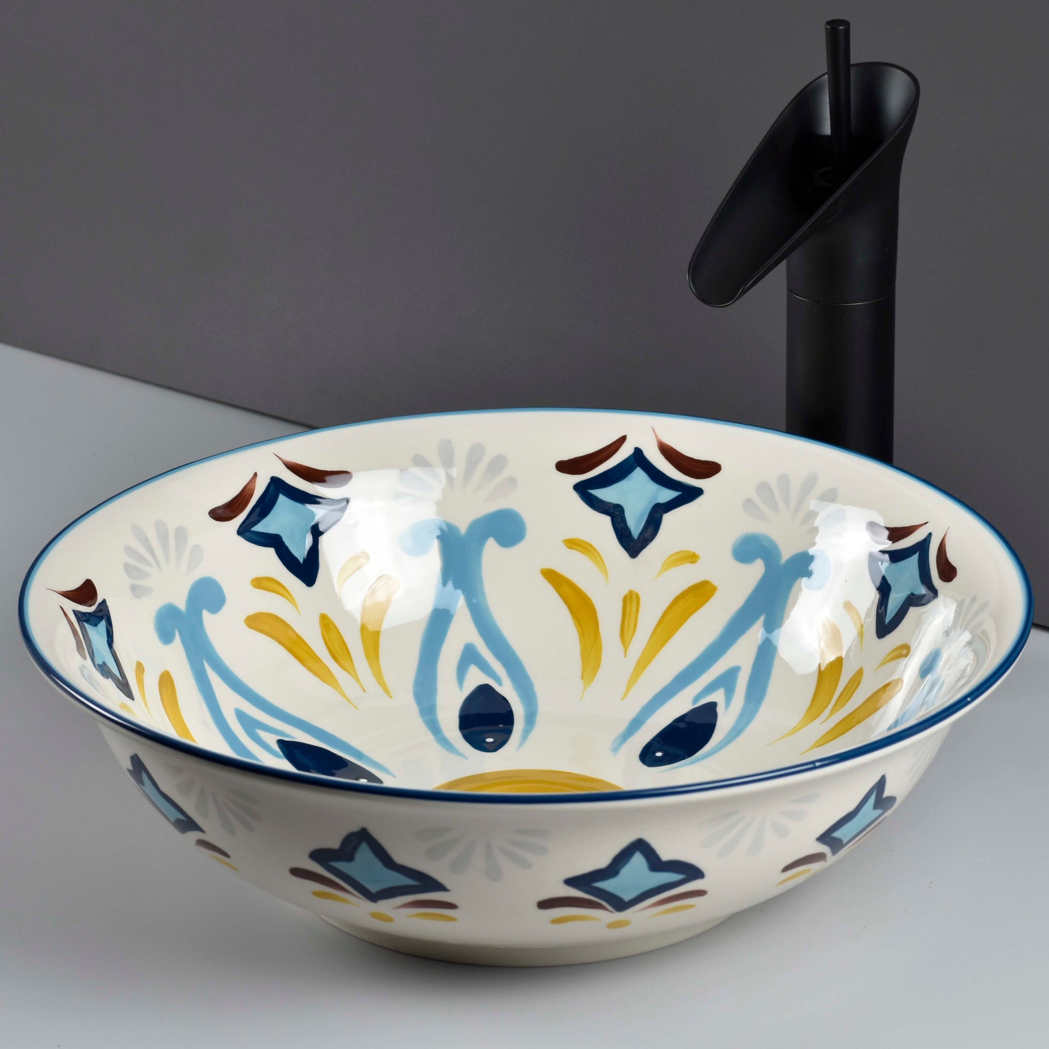 InArt Art Mexican Blue Ceramic Vessel Sink – 16.5" Round Countertop Designer Bathroom Basin DW334