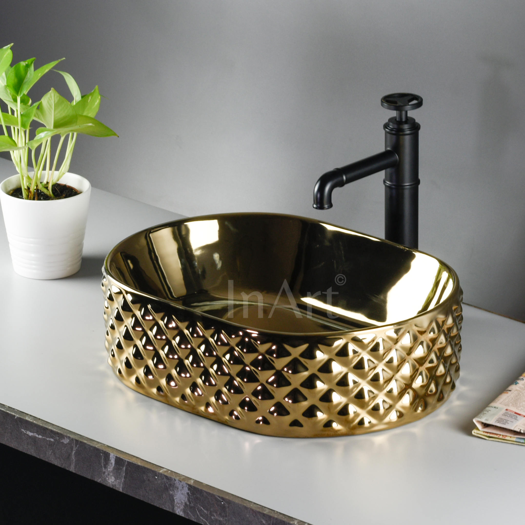 InArt Modern Gold Ceramic Vessel Sink – 18" x 13" Rectangular Countertop Bathroom Vanity Basin DW309