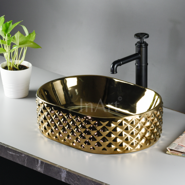InArt Modern Gold Ceramic Vessel Sink – 18" x 13" Rectangular Countertop Bathroom Vanity Basin DW309