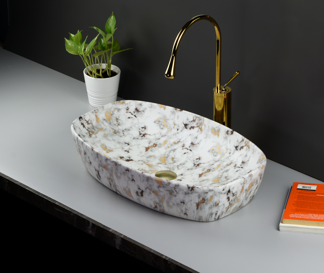 InArt Matt White & Gold Marble Ceramic Vessel Sink – 24" x 15" Rectangular Countertop Bathroom Basin DW320